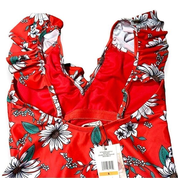 Jessica Simpson swimsuit one piece ruffle salsa red floral Small - Picture 6 of 11